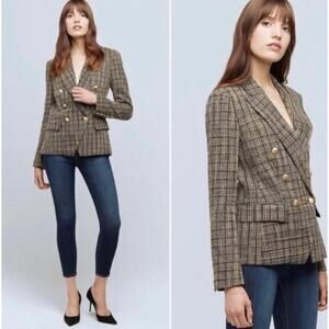 L'Agence Kenzie Blazer Double Breasted Tweed Jacket Coat Gold Buttons Black US 6
